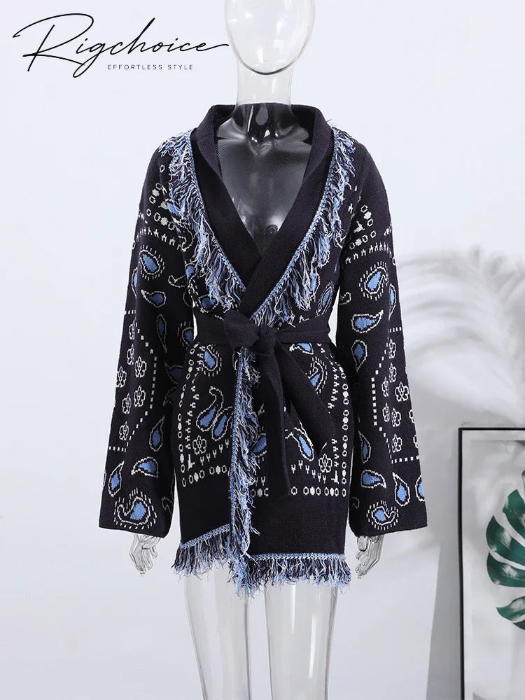 Tassel Patchwork Printed Cardigan Women Geometric Patterns Belts V-neck Long Sleeve Knitted Street Lady Sweater 2025 Autumn Coat
