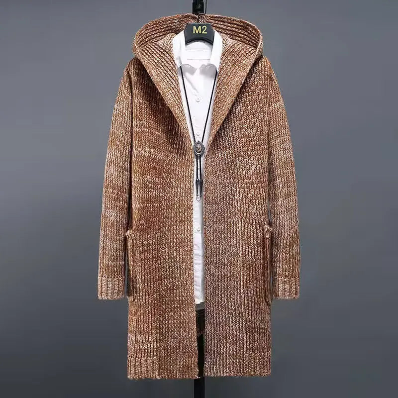 Winter New Fashion 2025 Men's Casual Trendy Long Sleeve Thicken Hooded Knitted Long Coats Male Sweater Cardigan Clothes Tops