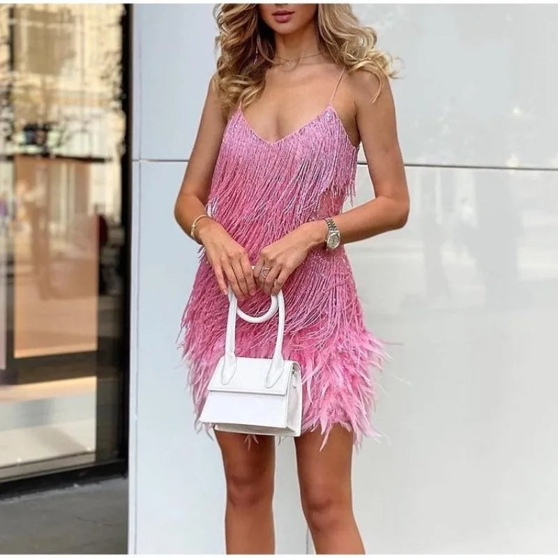 Sequin Fringe Dress Women V Neck Slip Party Gown Feather Trim Birthday Glam
