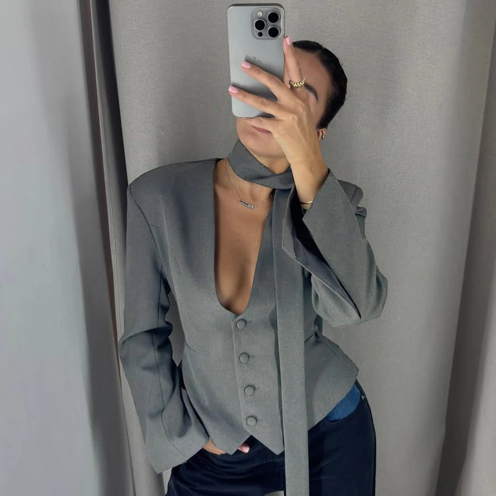 Tuularose Single Breasted Coat Women's V Neck Scarf With Long Sleeve Waist-Cinching Blazer Jacket Lady Casual Slim Commute Coat