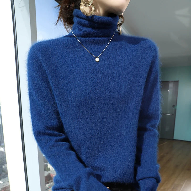 100% Pure Mink Cashmere Knitted Pullovers Women High-Neck Loose Large-size Sweater Casual Warm Tops Autumn and Winter Base Shirt