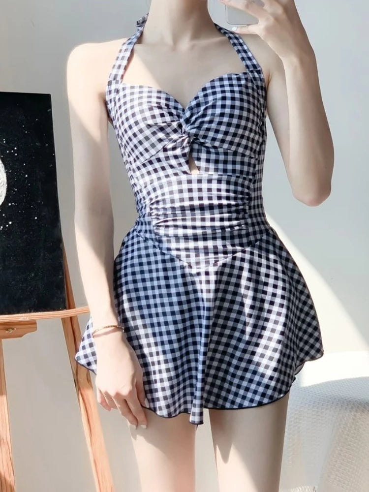 Women's Plaid Lace-Up Skirted Swimsuit