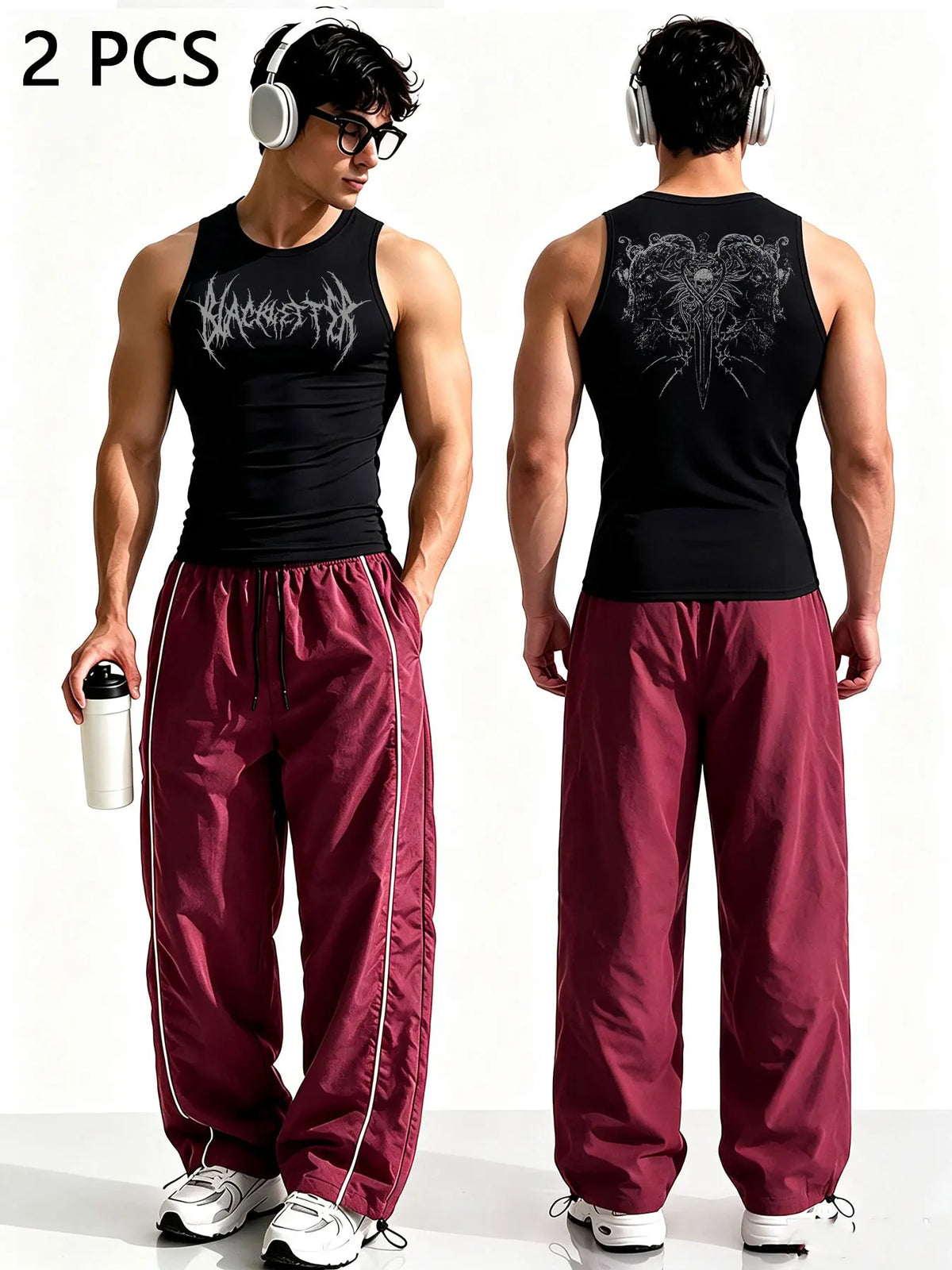 Men Gothic Style 2Pcs Outfit Graphic Sleeveless Tank Top Side Striped Loose Trousers Gym Street Casual Tracksuit