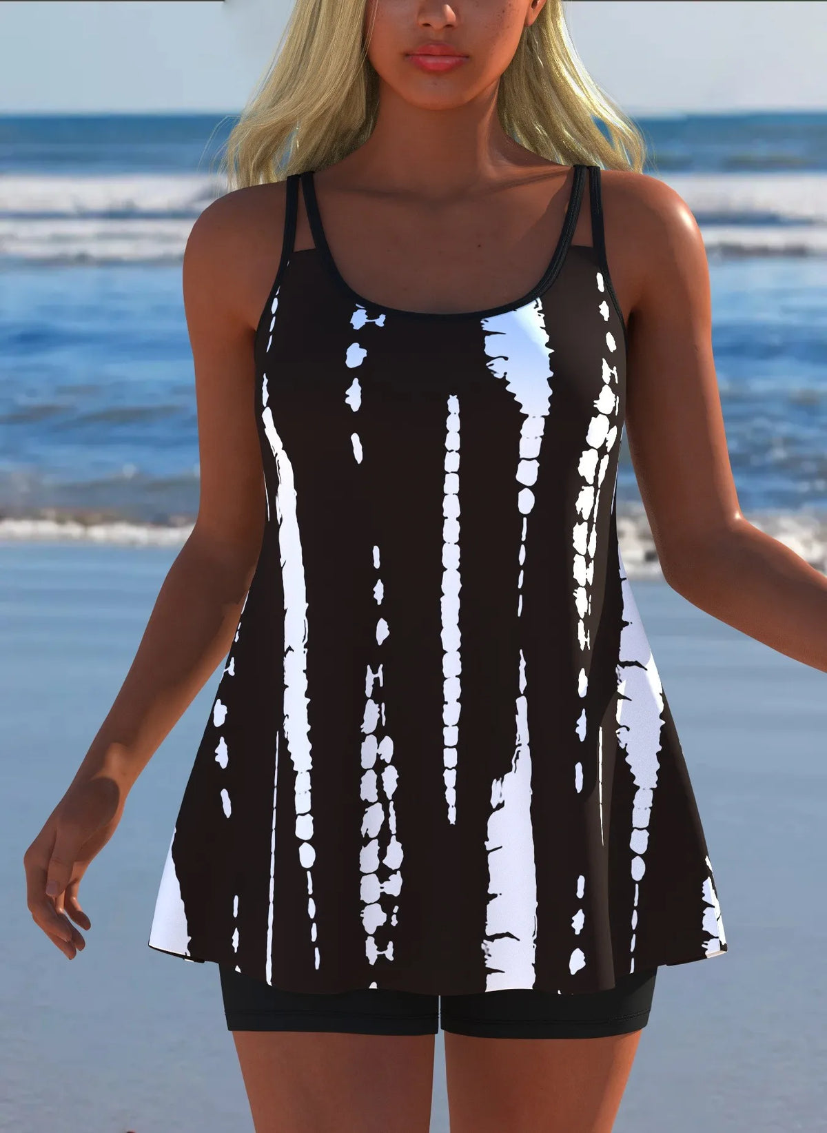 Women's Black & White Print Tankini