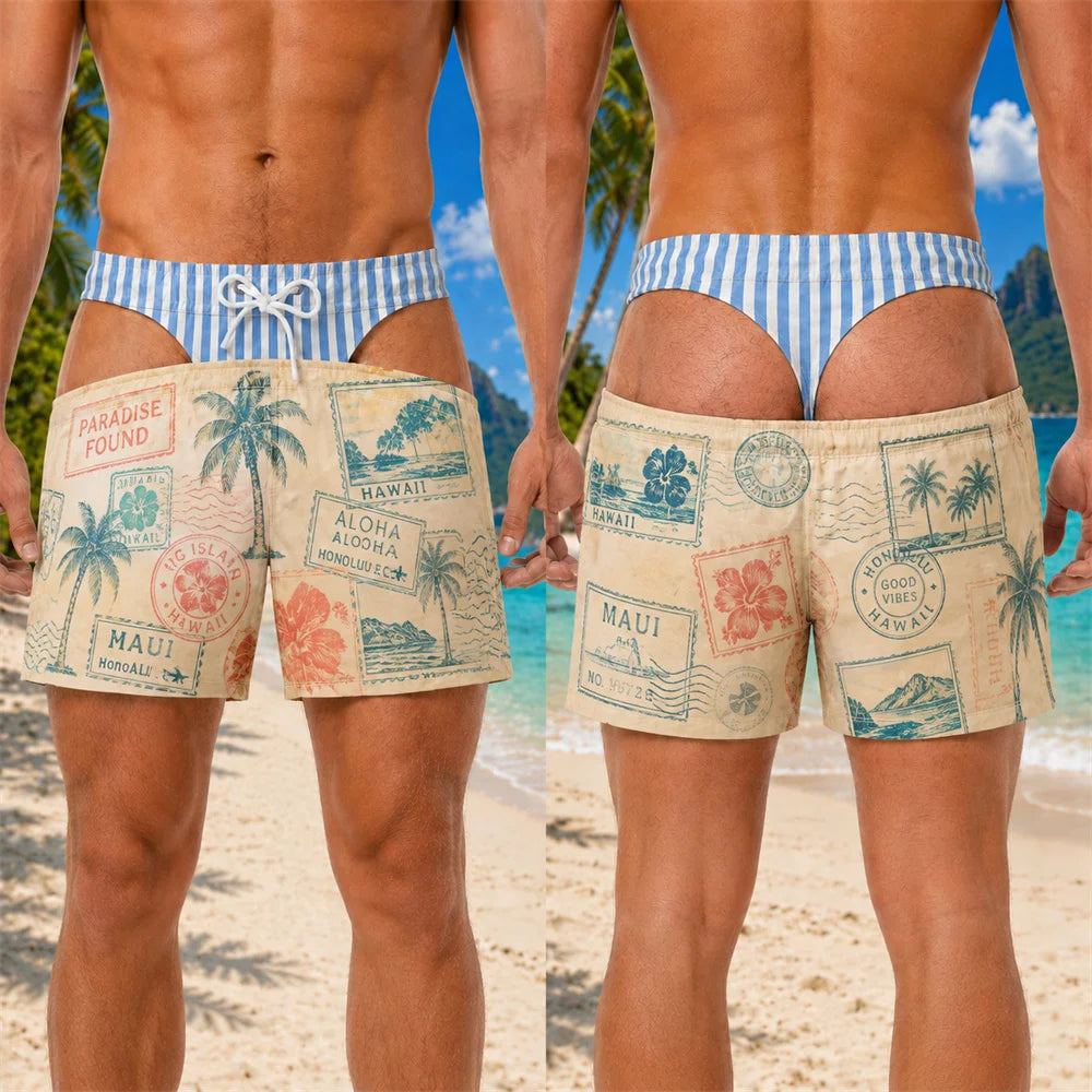 Funny 3D Print Padded Buttock Underwear Designs Swim Trunks For Men Hawaii Theme Style Quick Dry Blue Stripe Beach Shorts Hot