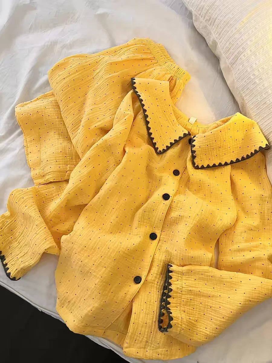 Women's Yellow Polka-Dot Cotton Pyjama Set