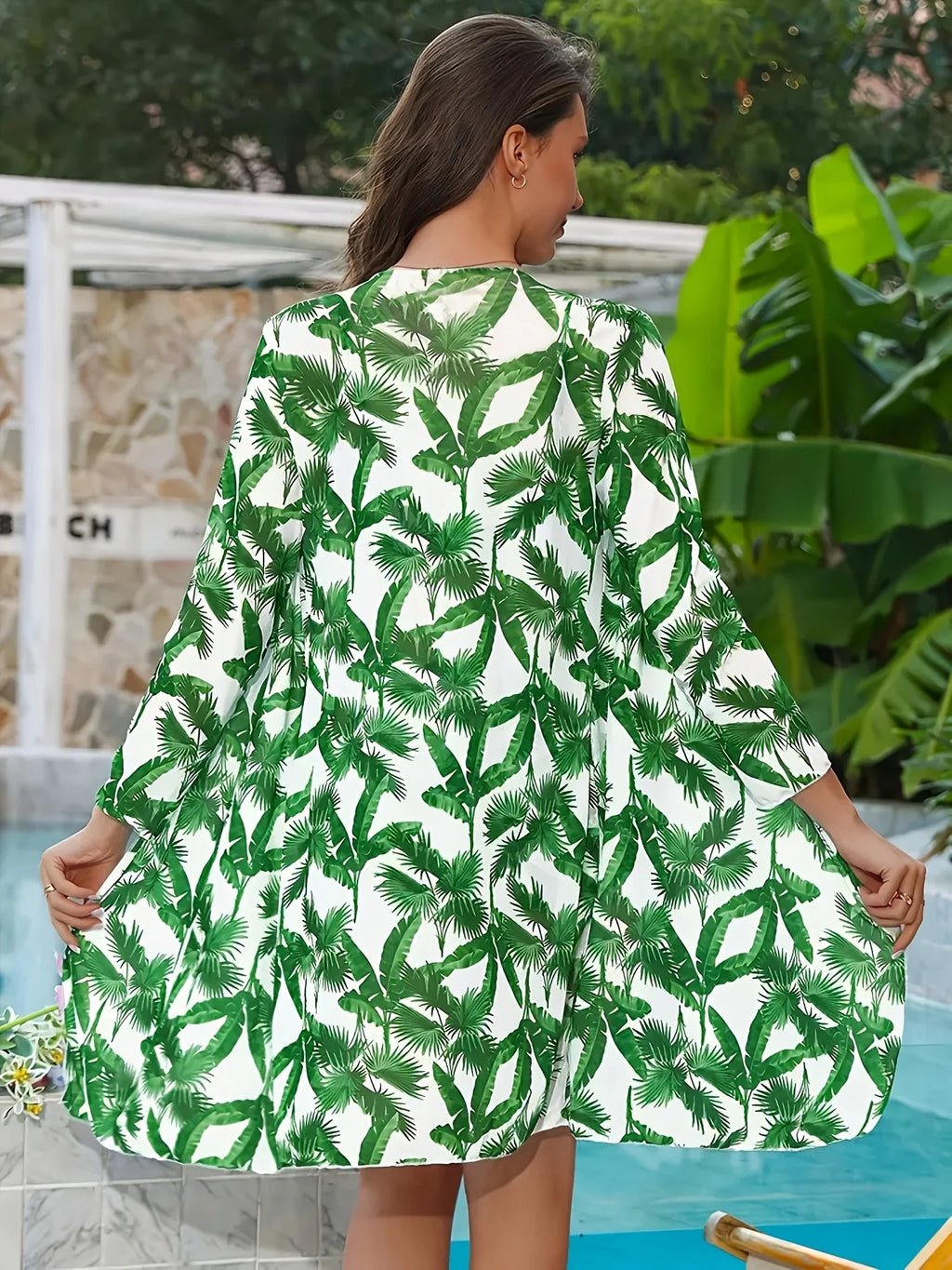 Green Leaf Print Swimwear & Kimono Set