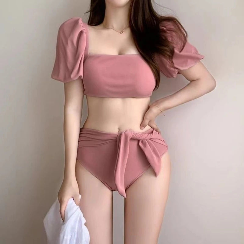 Women's Pink Puff-Sleeve Bow Bikini Set