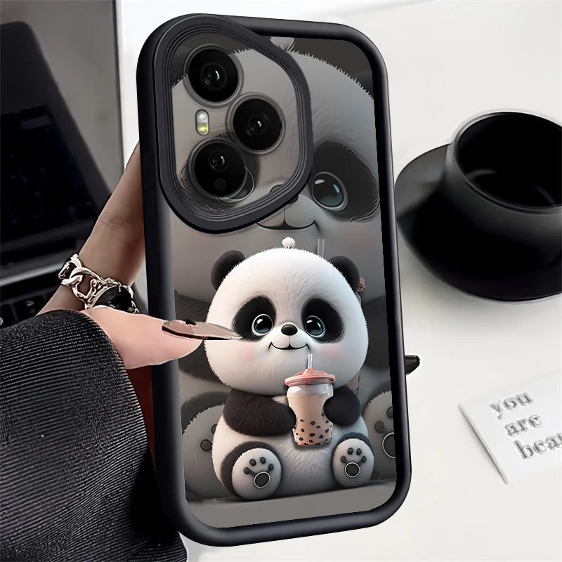 Drink Milk Tea Panda Patterned Phone Case For Honor 400 200 Pro X8c X9c Smart X6a X6b X6c Magic7 Lite Shockproof Soft TPU Cover