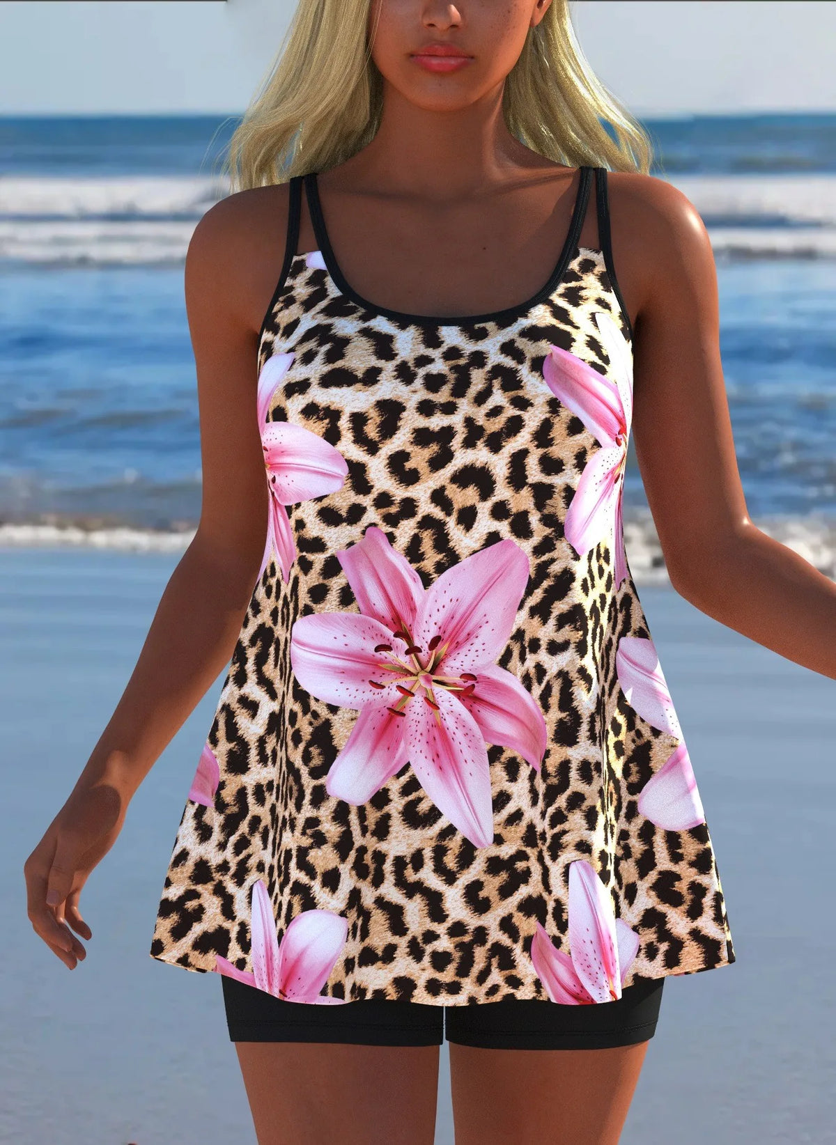 Women's Black & White Print Tankini