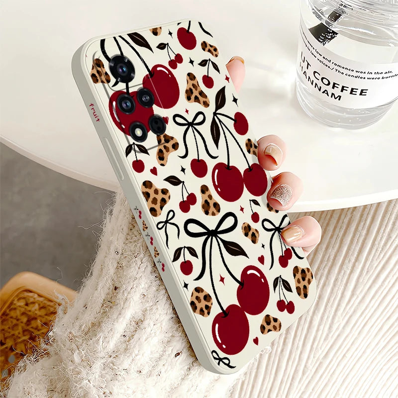 Red Cherry Leopard Print Phone Case For Honor 600 Pro 400 70 Lite 500 200 90 Smart 50 SE 20 9C 9X Pro Soft Shockproof Cases Etui