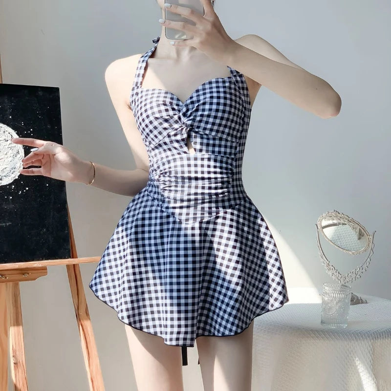 Women's Plaid Lace-Up Skirted Swimsuit