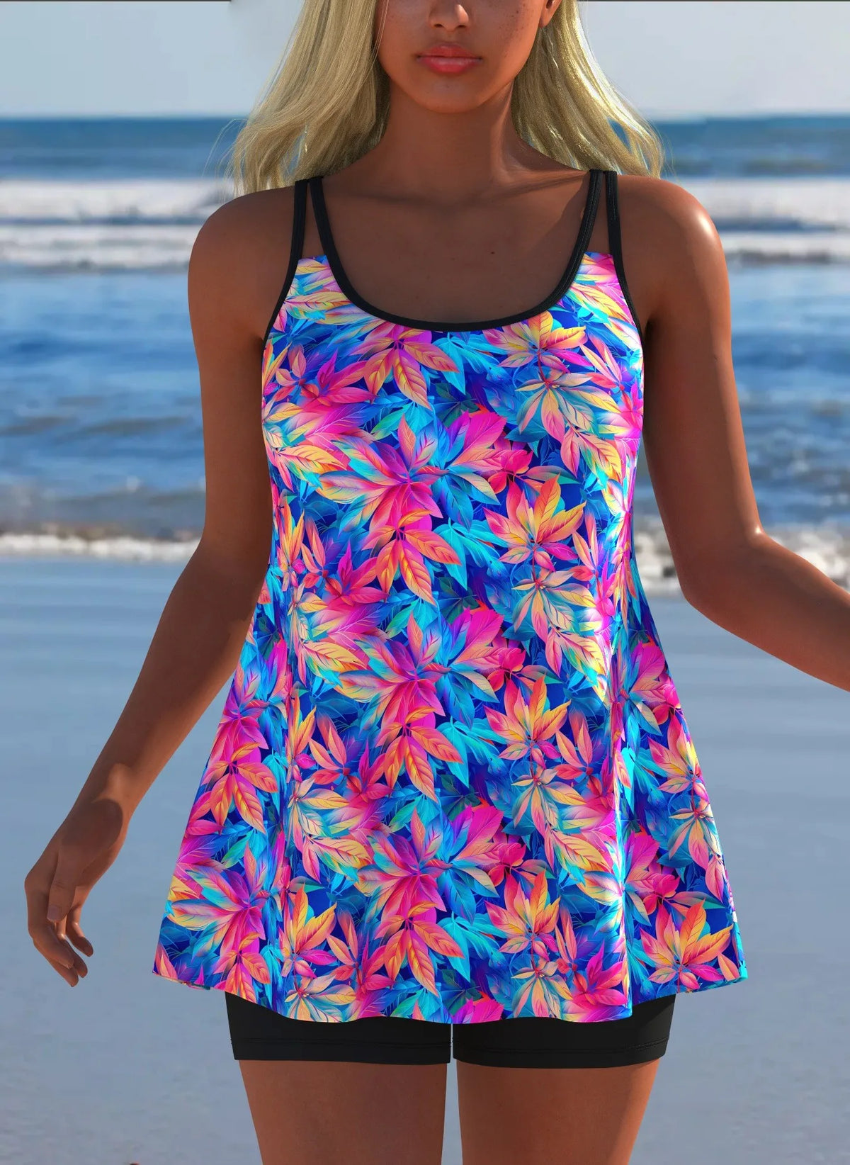 Women's Black & White Print Tankini