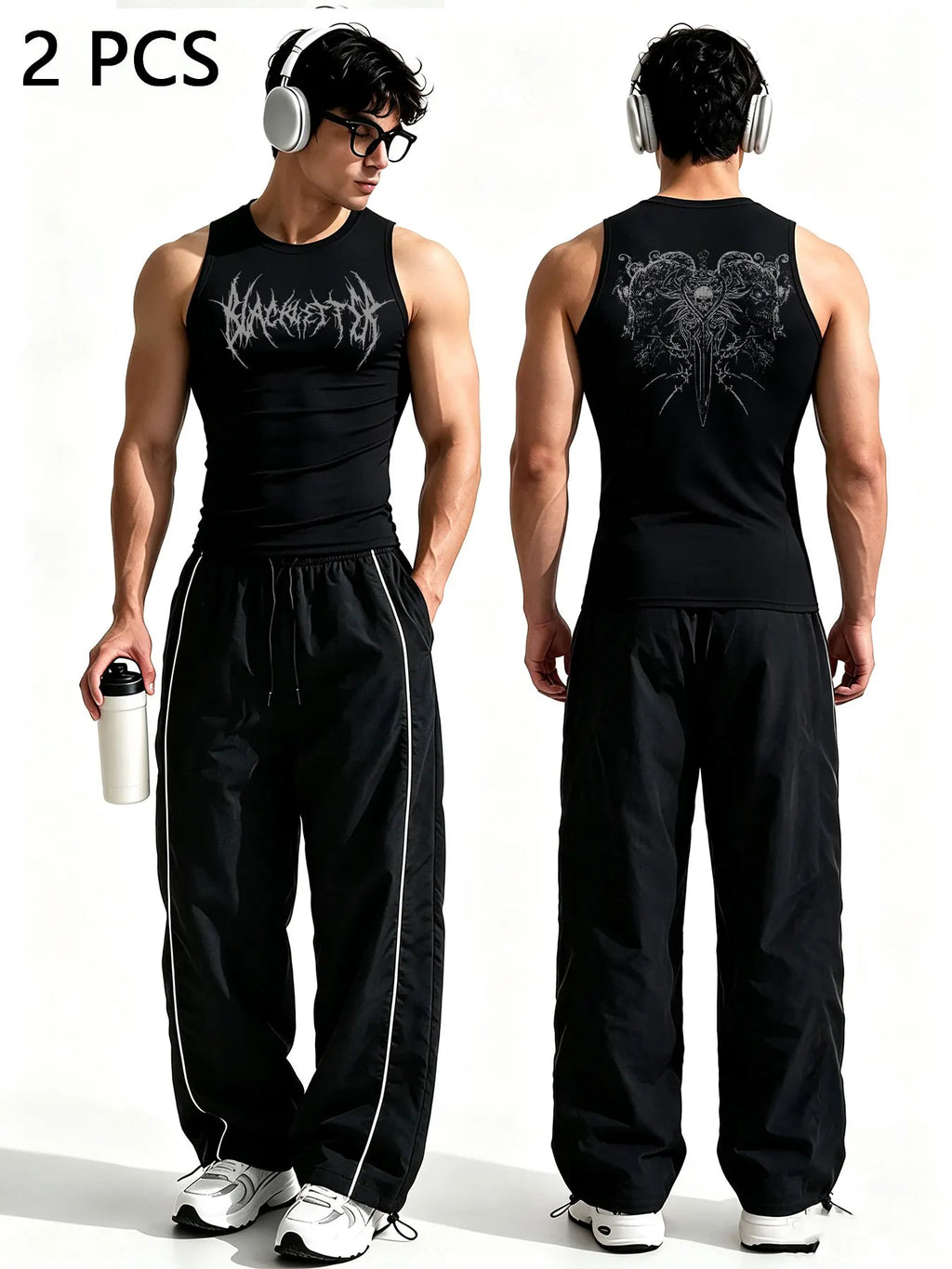 Men Gothic Style 2Pcs Outfit Graphic Sleeveless Tank Top Side Striped Loose Trousers Gym Street Casual Tracksuit