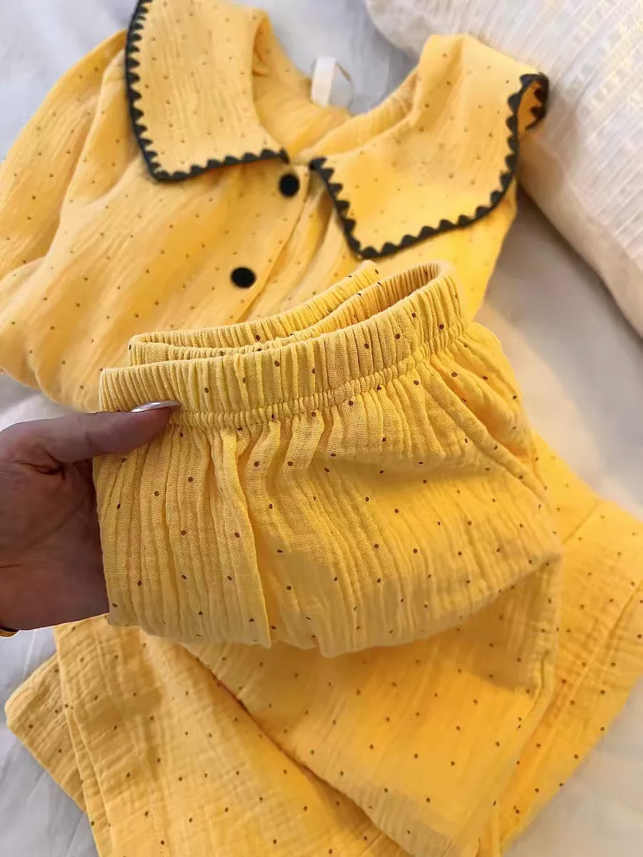 Women's Yellow Polka-Dot Cotton Pyjama Set