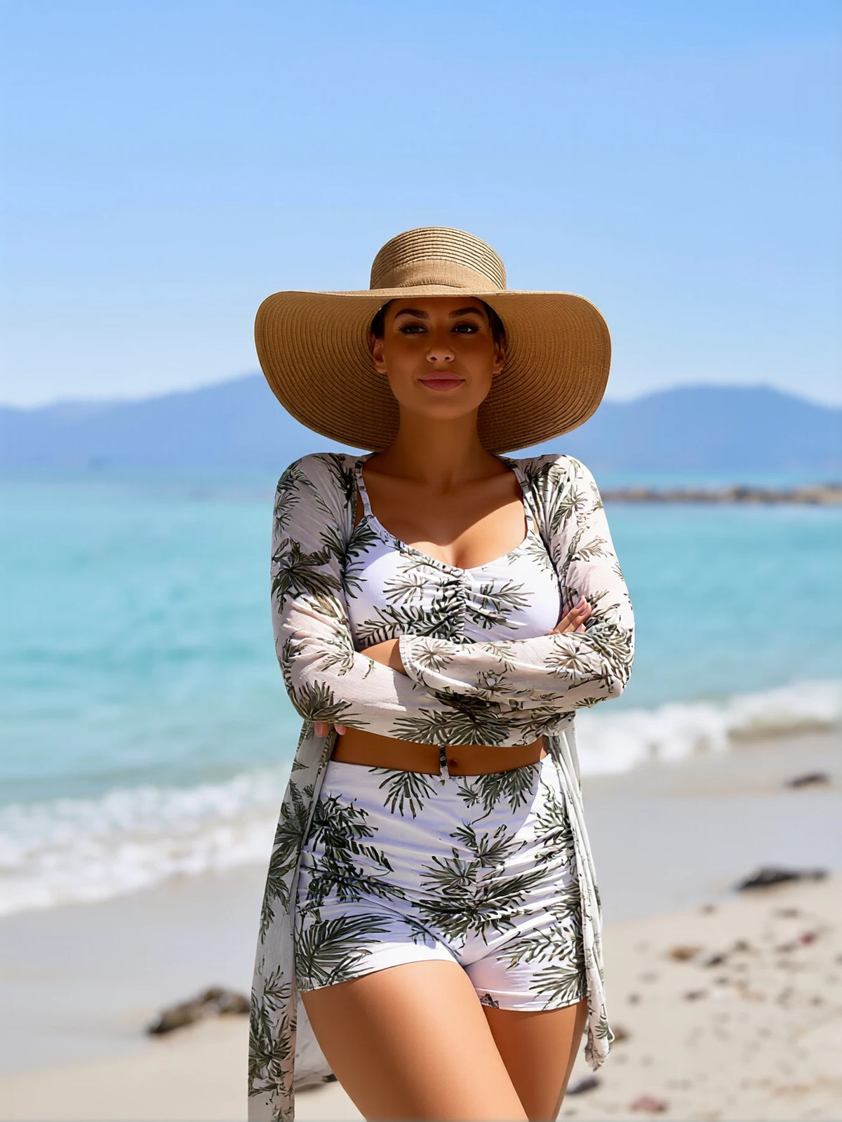 Pink Swirl Print Bikini, Shorts & Kimono Set