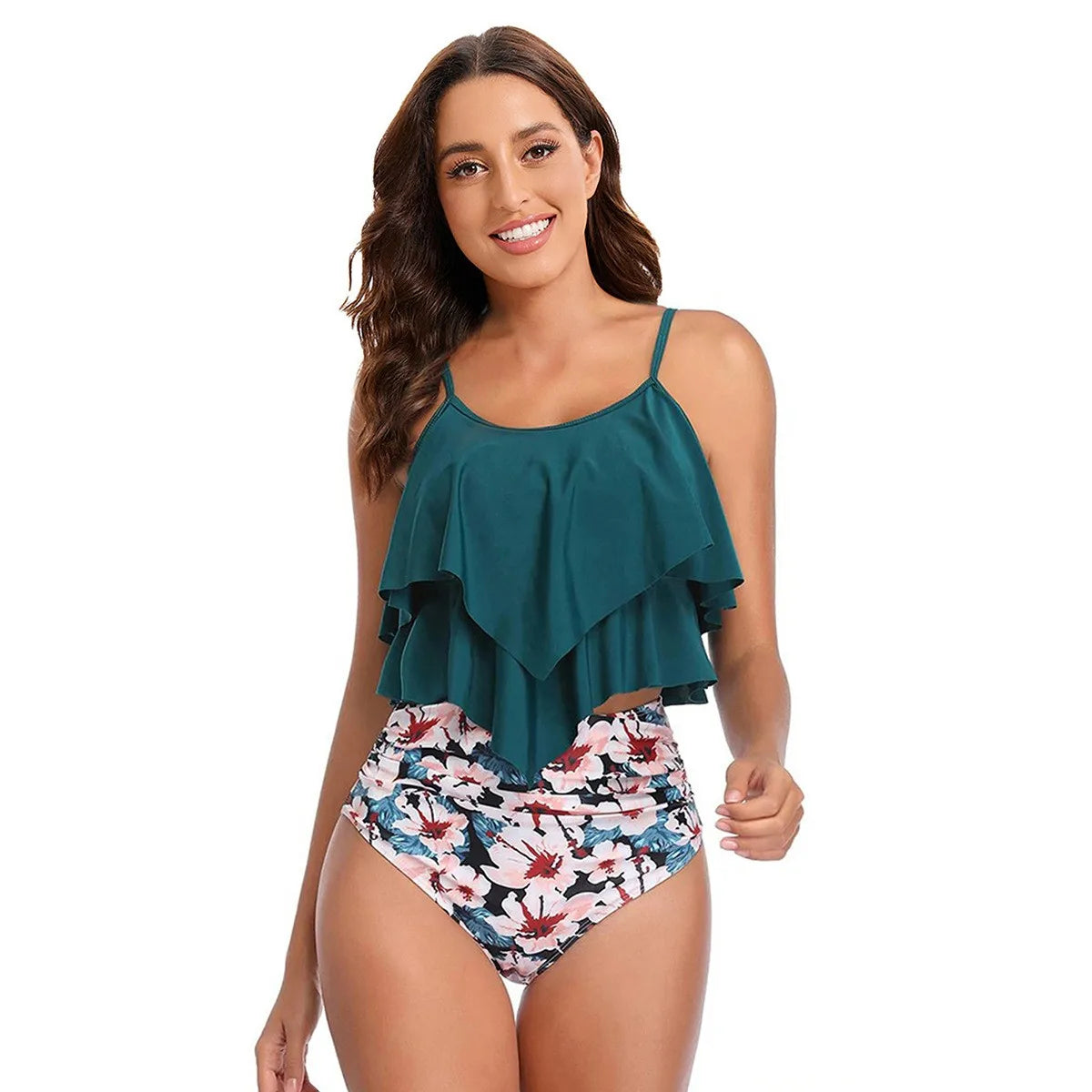 Women's Ruffle-Top High-Waist Printed Bikini Set