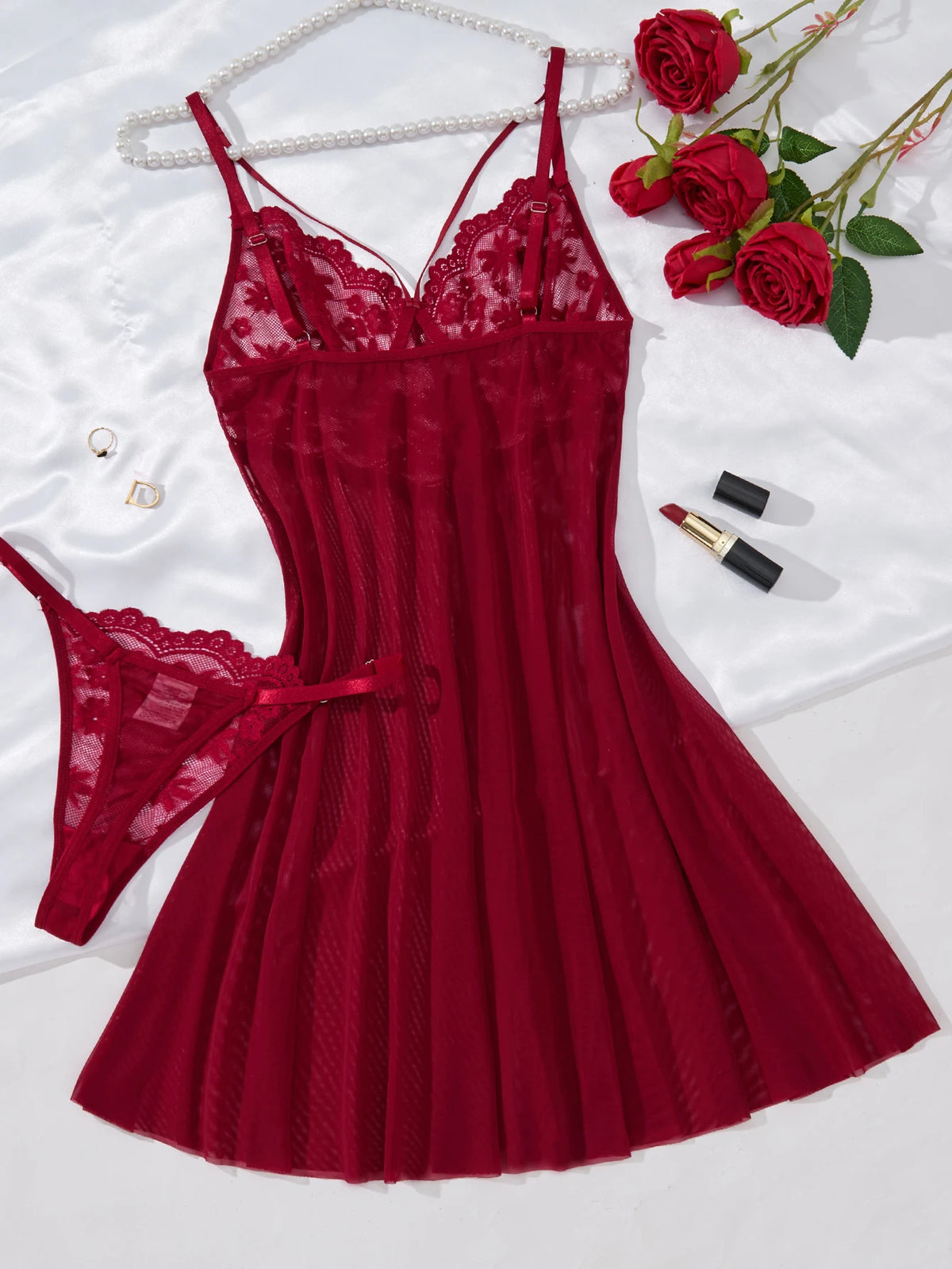 Wine Red Floral Lace Babydoll & Thong Set