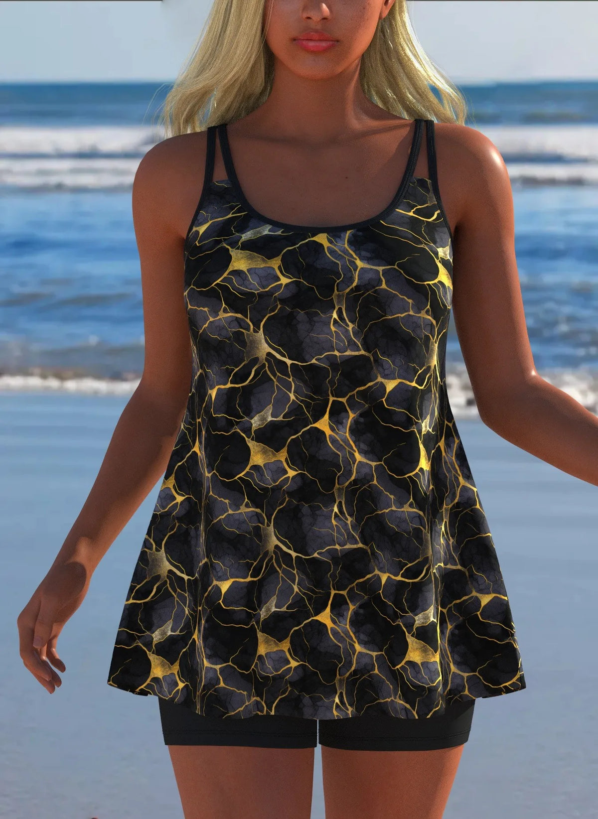 Women's Black & White Print Tankini