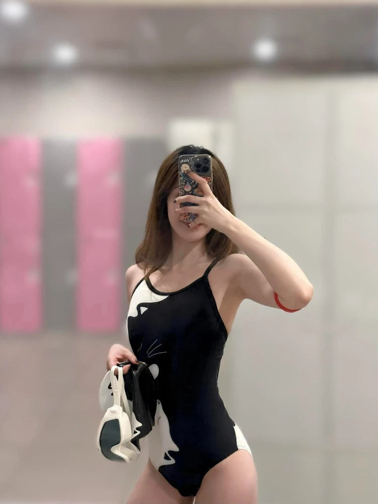 Women's Black & White Kitten Print One-Piece Swimsuit