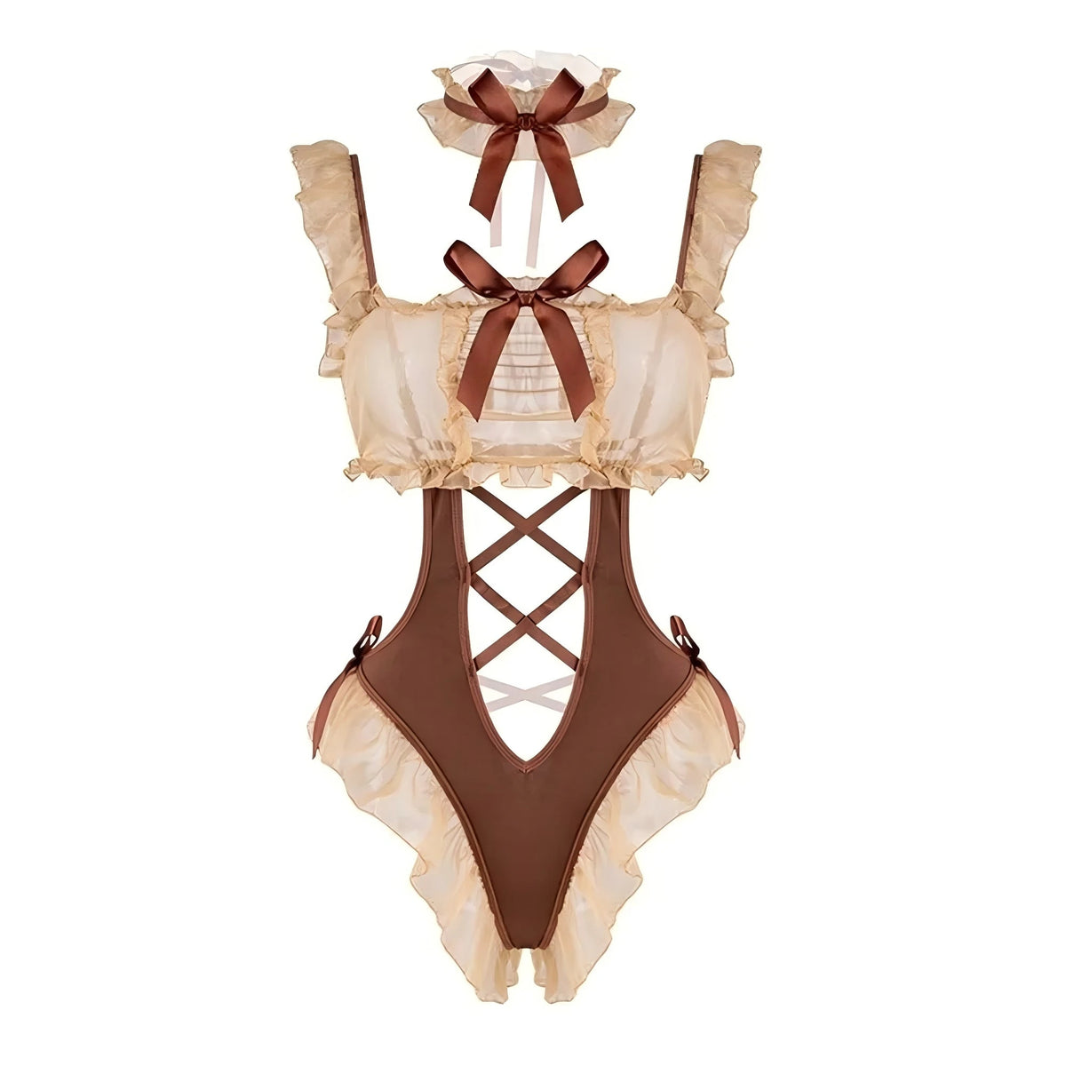 Women's Ruffled Mesh Maid Bodysuit & Choker Set