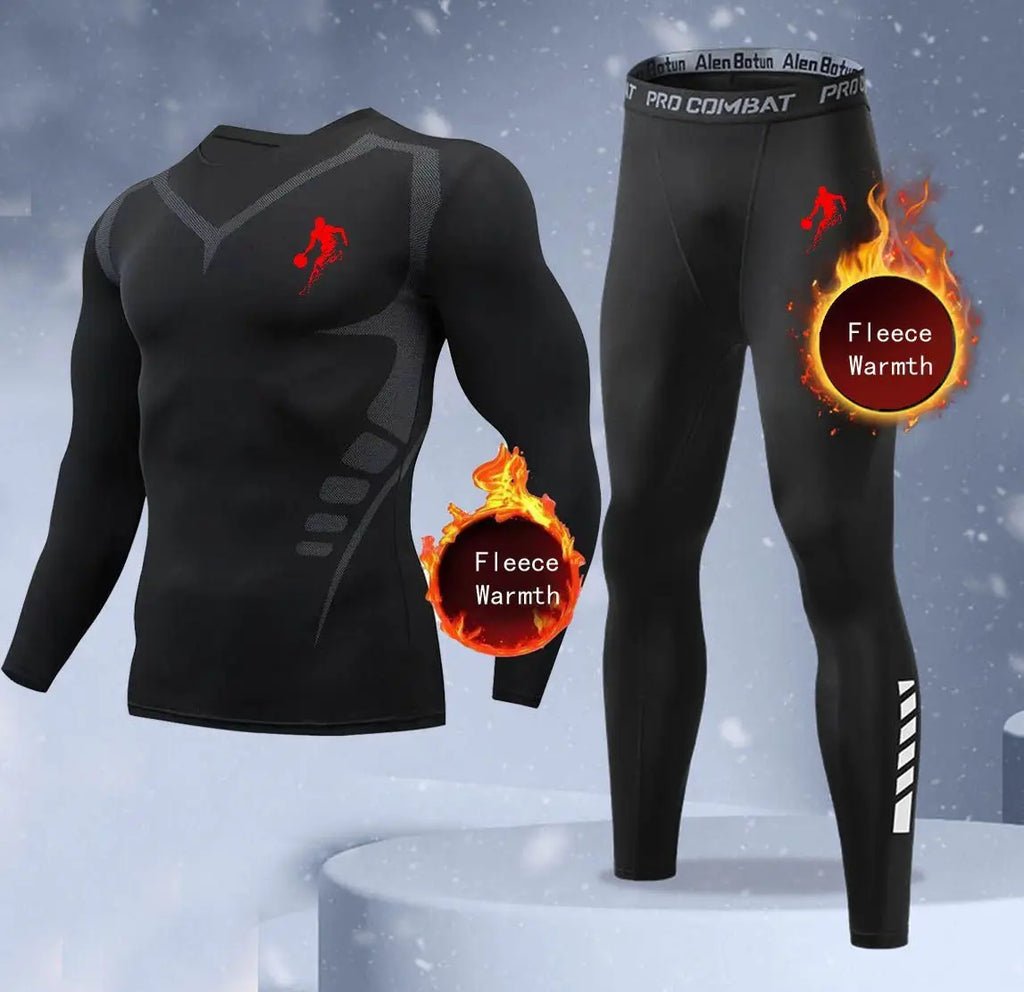 New 2-pieces Winter Warm Men Underwear Set Fleece Thermal Undershirts Long Johns Compression Tights Fitness Sports Tracksuit Set