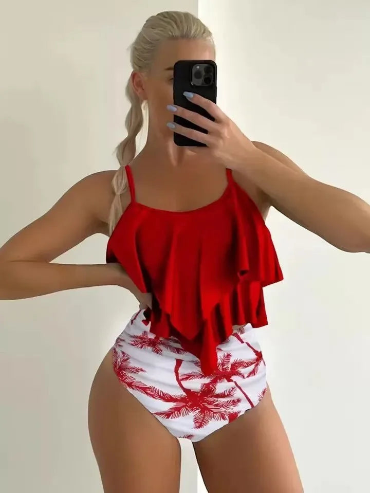 Women's Ruffle-Top High-Waist Printed Bikini Set