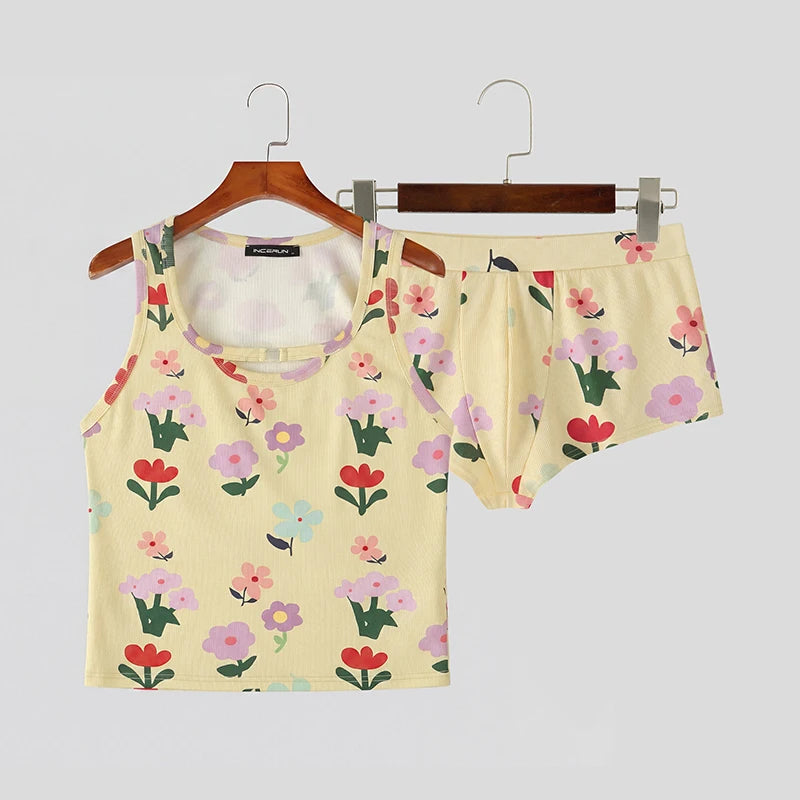 INCERUN Men's Sets Flower Printing Summer Homewear Sleeveless Tank Tops Shorts Two Piece Sets 2026 Casual Unisex Matching Sets