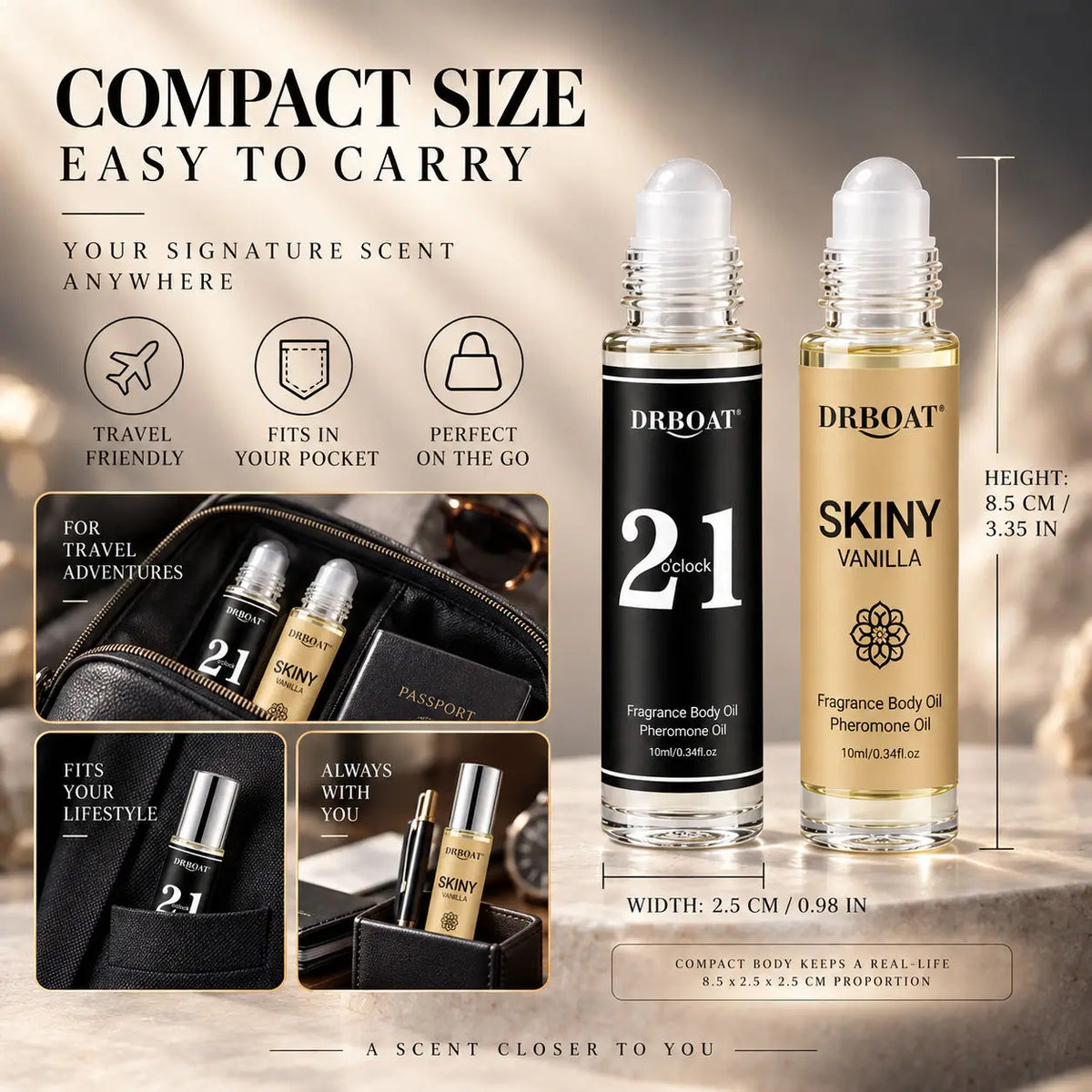 Men Roll On Perfume Oil, Caramel Amber Vanilla & Soft Sandalwood Vanilla, Long Lasting Alcohol-Free Fragrance