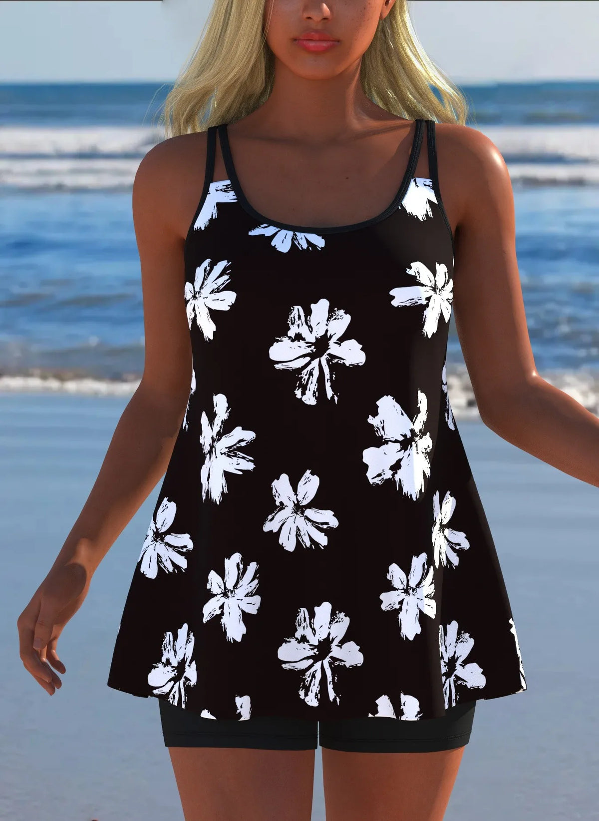 Women's Black & White Print Tankini