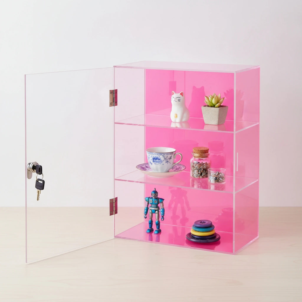 Lockable Acrylic Display Case 3-Tier Acrylic Display Case with Lock No Assembly Required Freestanding for Collectors, Countertop