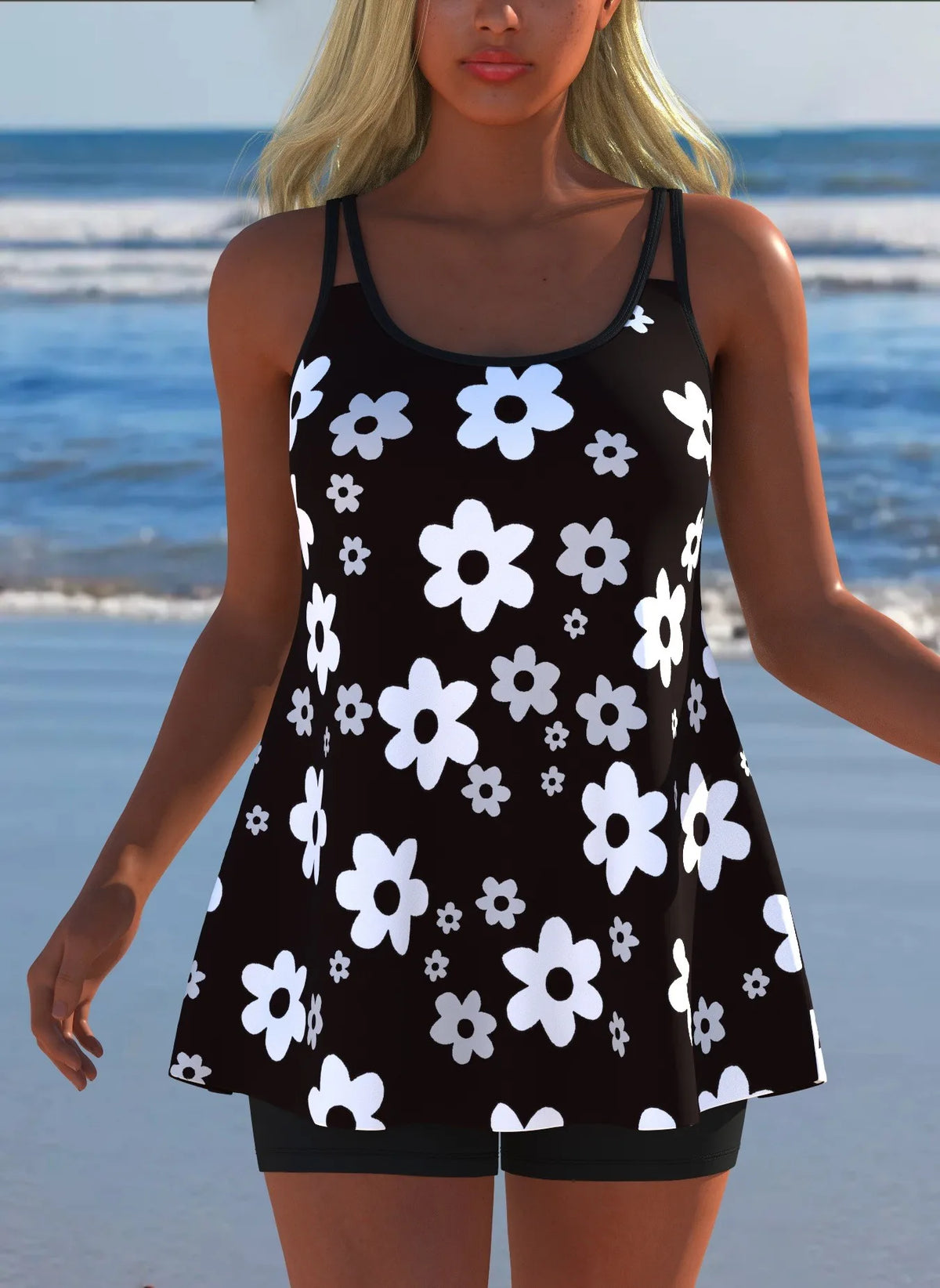 Women's Black & White Print Tankini