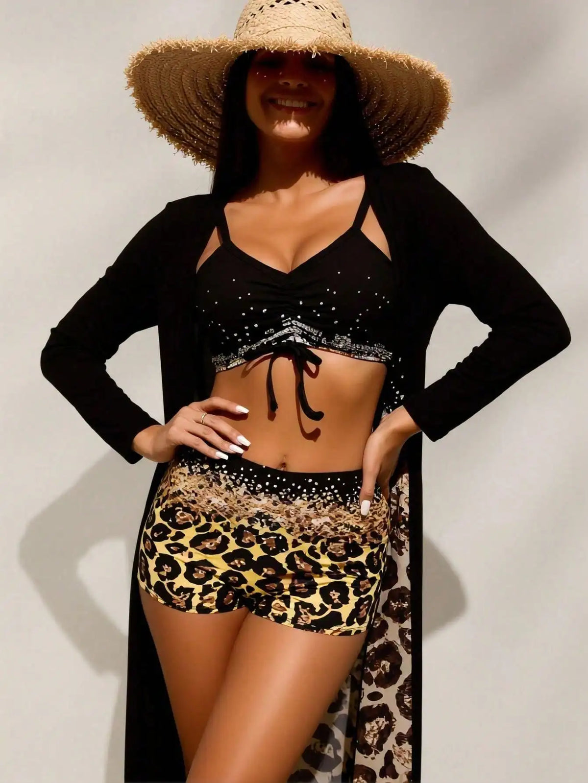 Black Rhinestone Bikini Top, Leopard Shorts & Cover-Up Set