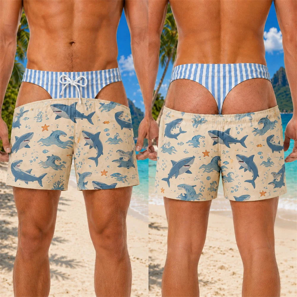 Funny 3D Print Padded Buttock Underwear Designs Swim Trunks For Men Hawaii Theme Style Quick Dry Blue Stripe Beach Shorts Hot