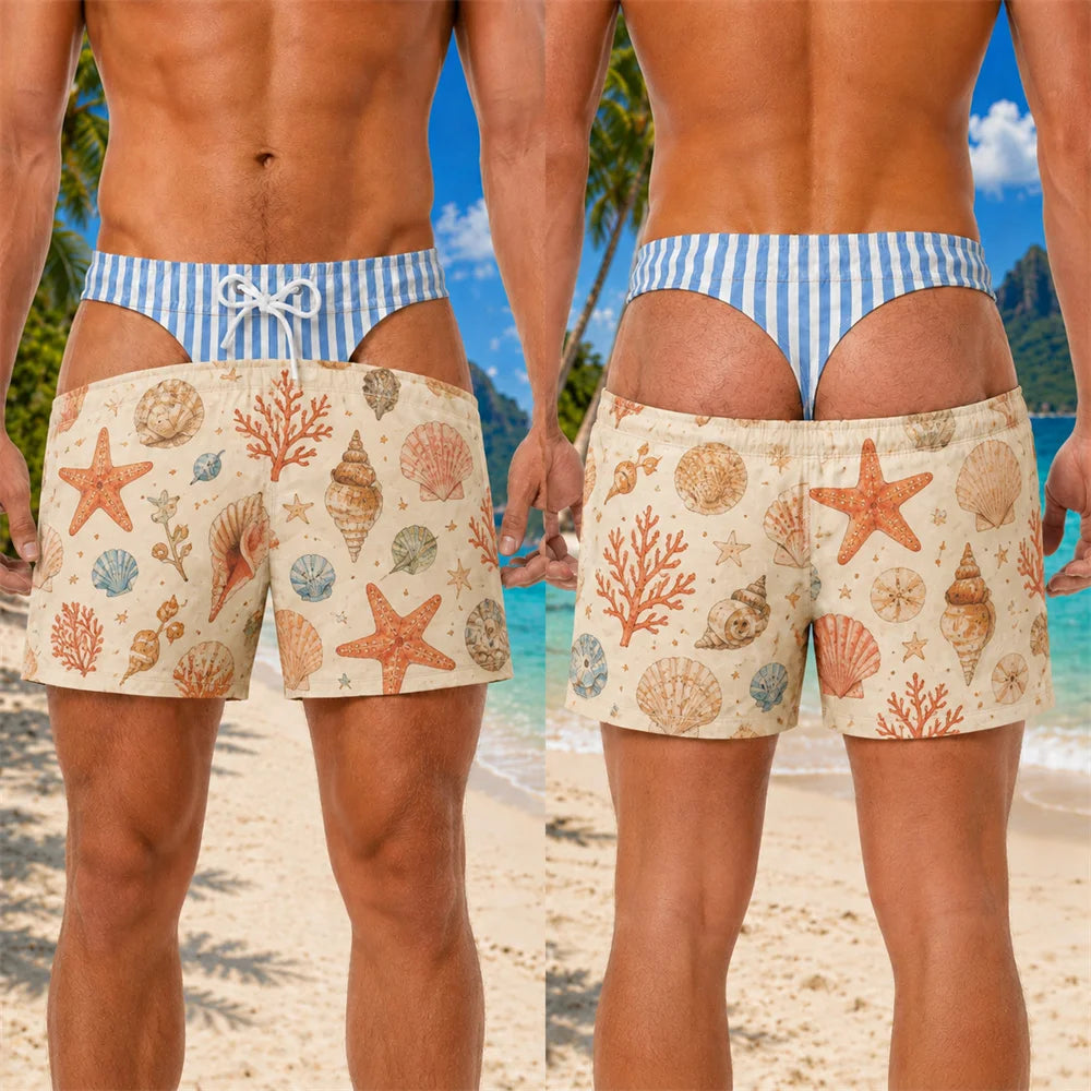 Funny 3D Print Padded Buttock Underwear Designs Swim Trunks For Men Hawaii Theme Style Quick Dry Blue Stripe Beach Shorts Hot