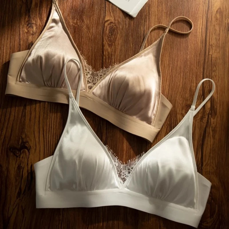 YANFENPRO Satin Deep V Bralette For Women Triangle Cup Lace Lightweight Push Up Side Smoothing Anti Sagging Small Bust Wear