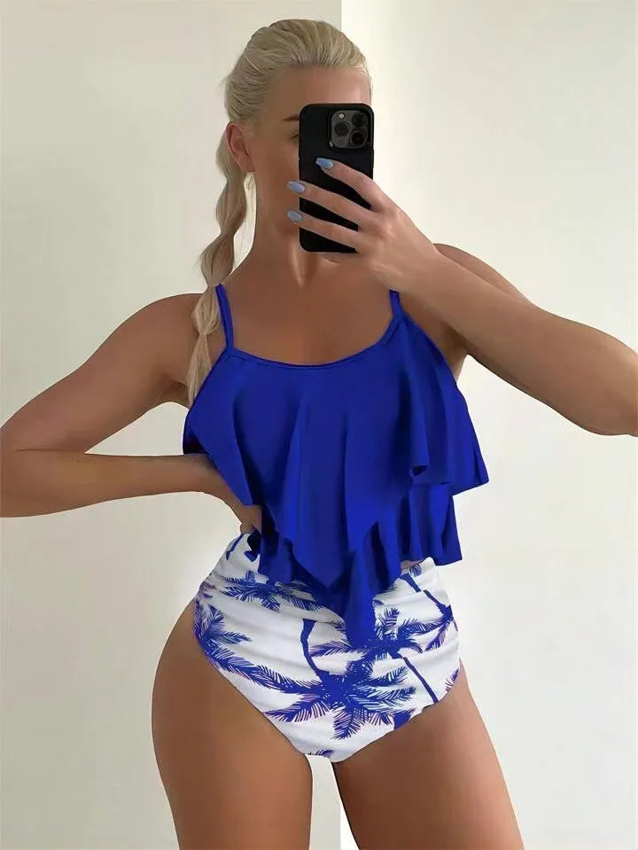 Women's Ruffle-Top High-Waist Printed Bikini Set
