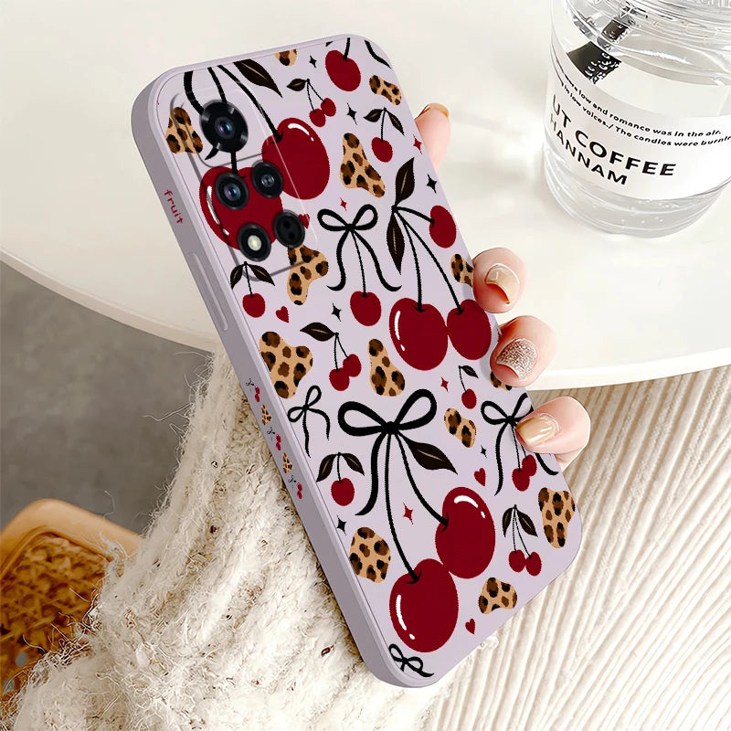 Red Cherry Leopard Print Phone Case For Honor 600 Pro 400 70 Lite 500 200 90 Smart 50 SE 20 9C 9X Pro Soft Shockproof Cases Etui
