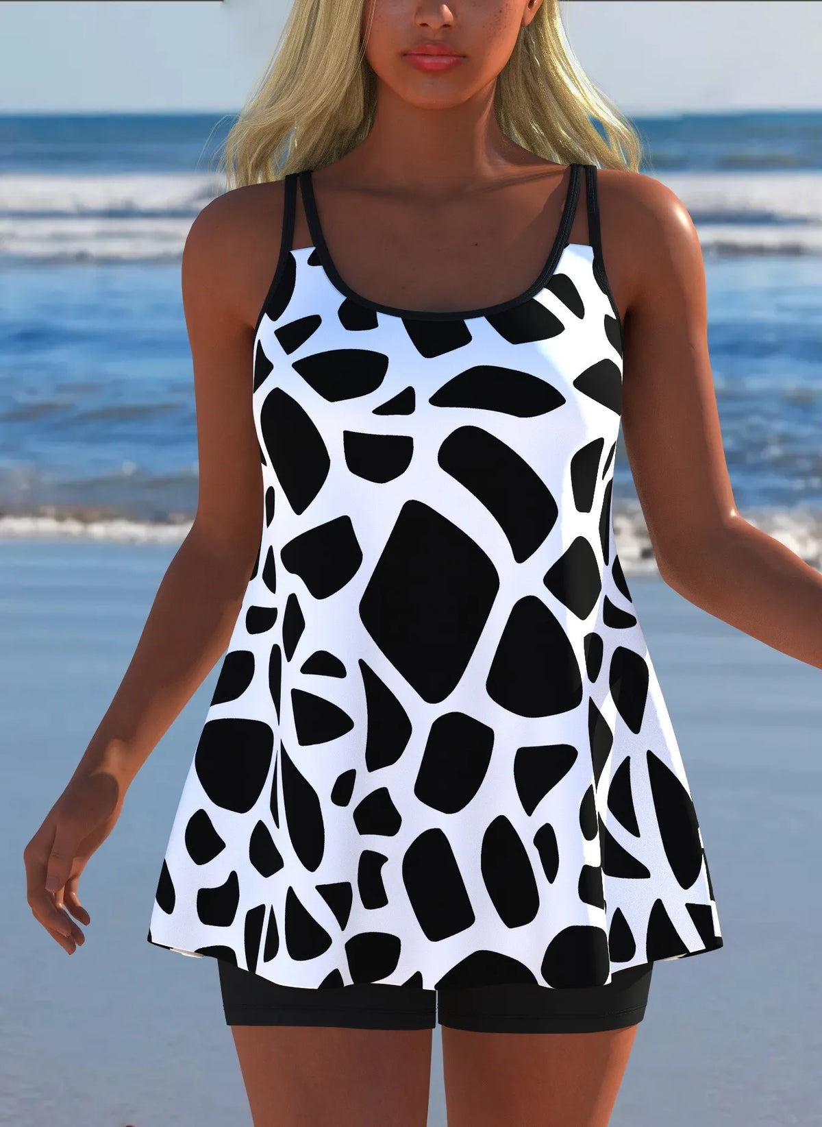 Women's Black & White Print Tankini