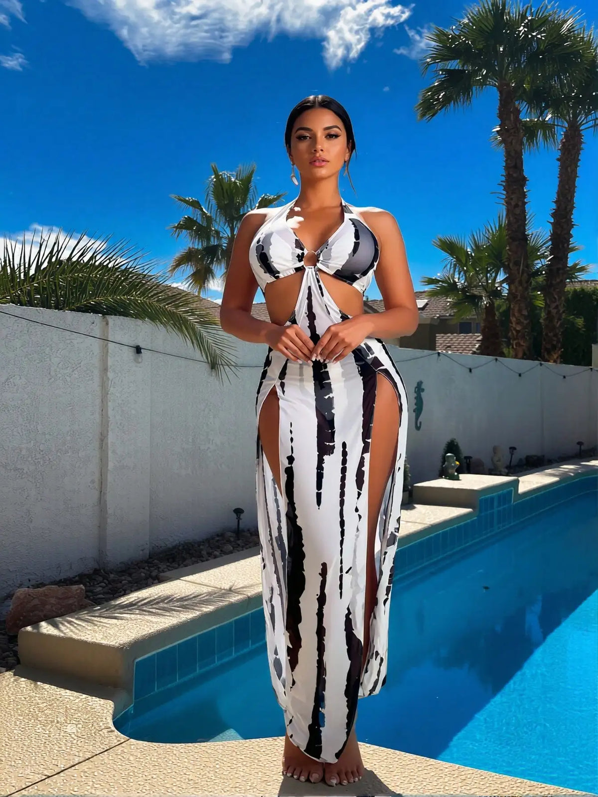 Black & White Tie-Dye Bikini & Mesh Cover-Up Set