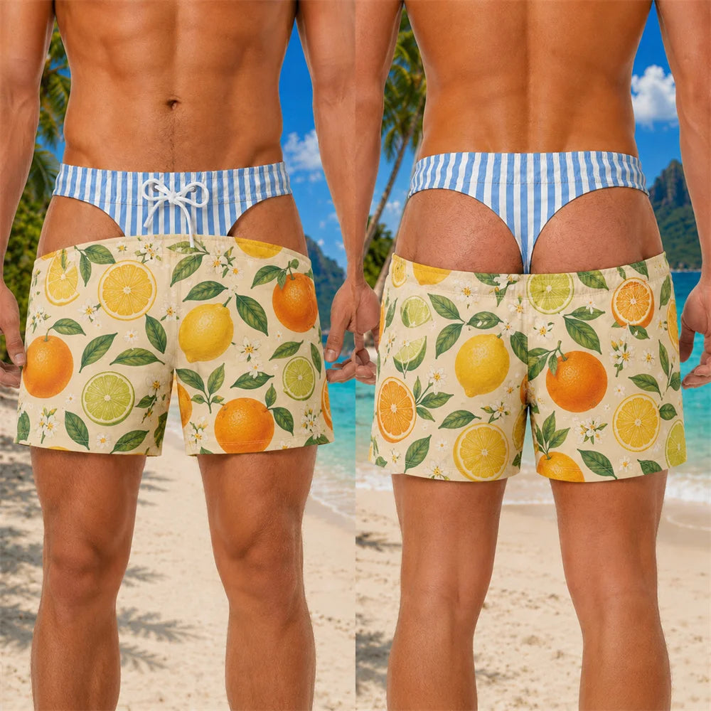 Funny 3D Print Padded Buttock Underwear Designs Swim Trunks For Men Hawaii Theme Style Quick Dry Blue Stripe Beach Shorts Hot
