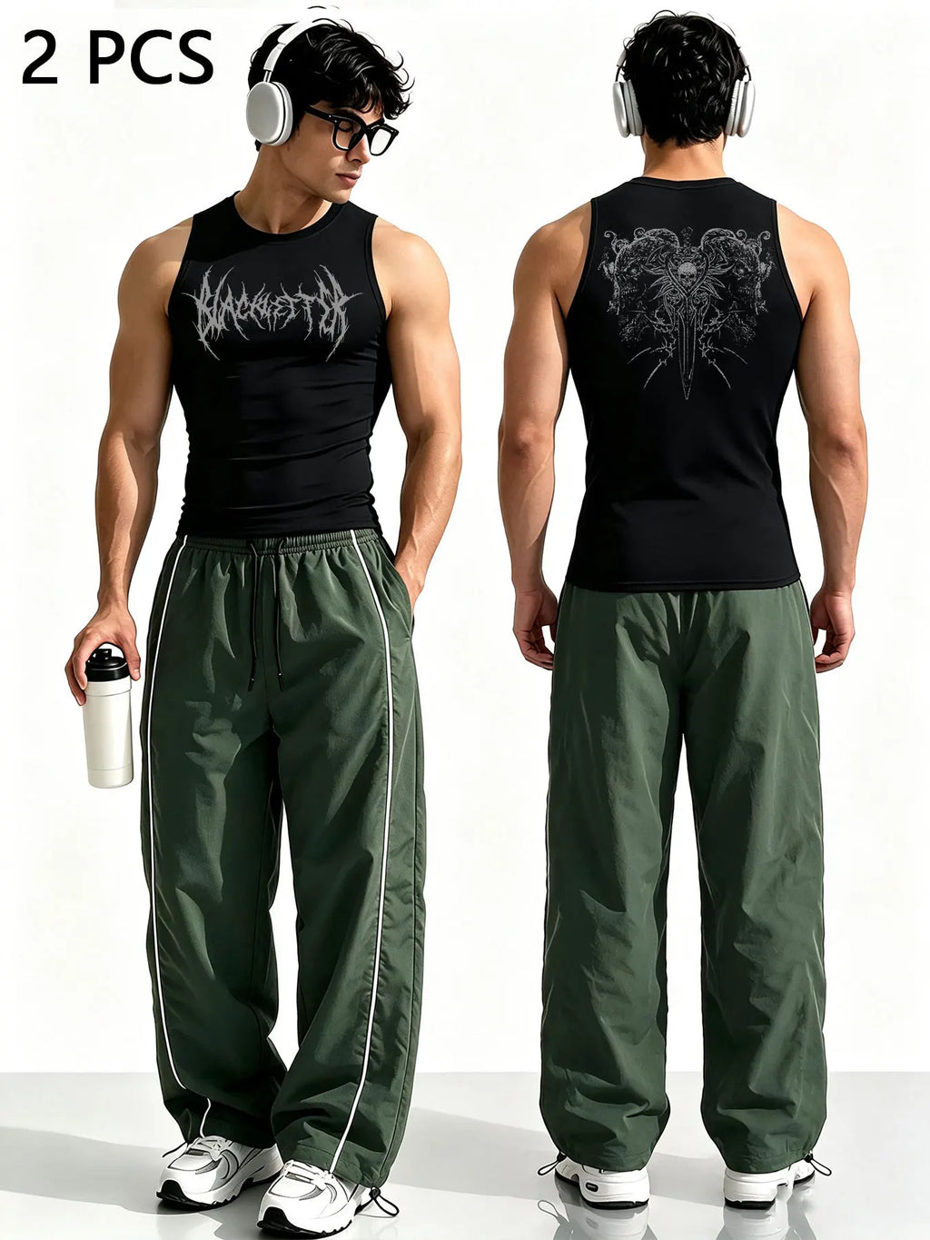 Men Gothic Style 2Pcs Outfit Graphic Sleeveless Tank Top Side Striped Loose Trousers Gym Street Casual Tracksuit