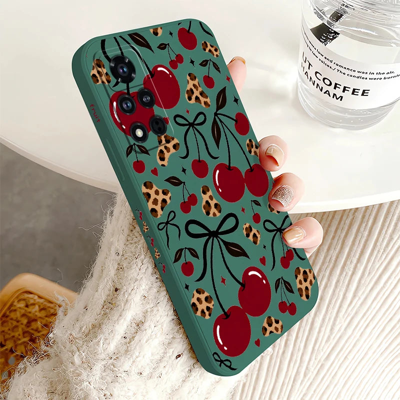 Red Cherry Leopard Print Phone Case For Honor 600 Pro 400 70 Lite 500 200 90 Smart 50 SE 20 9C 9X Pro Soft Shockproof Cases Etui