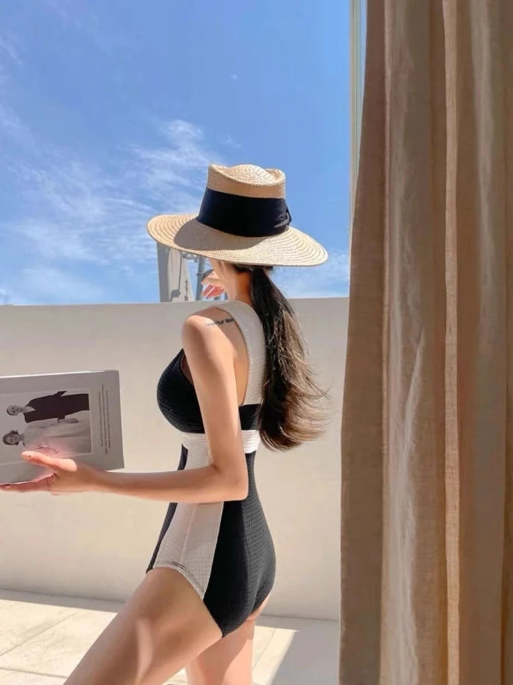 Women's Black & White Tweed-Print One-Piece Swimsuit