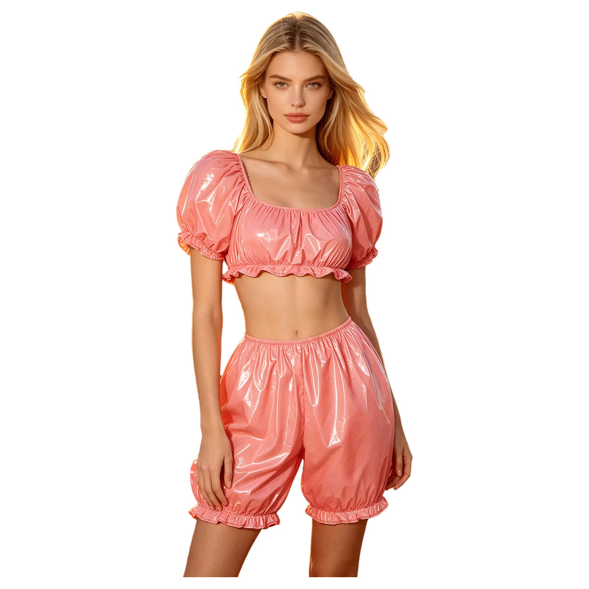 Women's Ruffled Vinyl-Look Crop Top & Bloomers Set