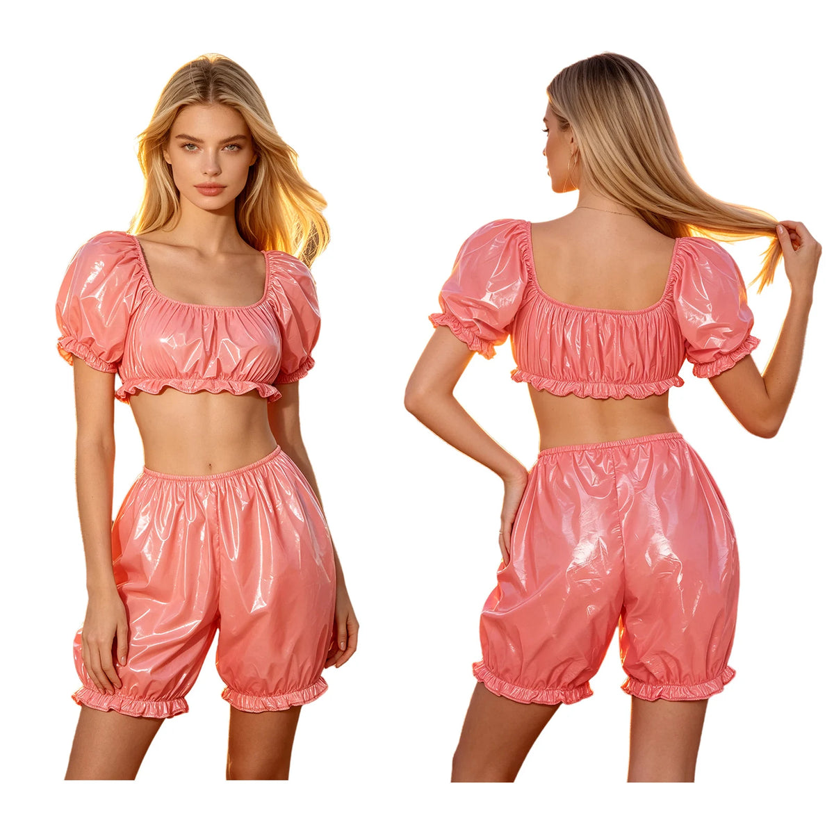 Women's Ruffled Vinyl-Look Crop Top & Bloomers Set
