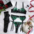 Hot Sexy Women 4Pcs Black Green Flower Embroidery Lingerie Set See Through Bra Suspender Garter Belt Thong Sensual Nightwear