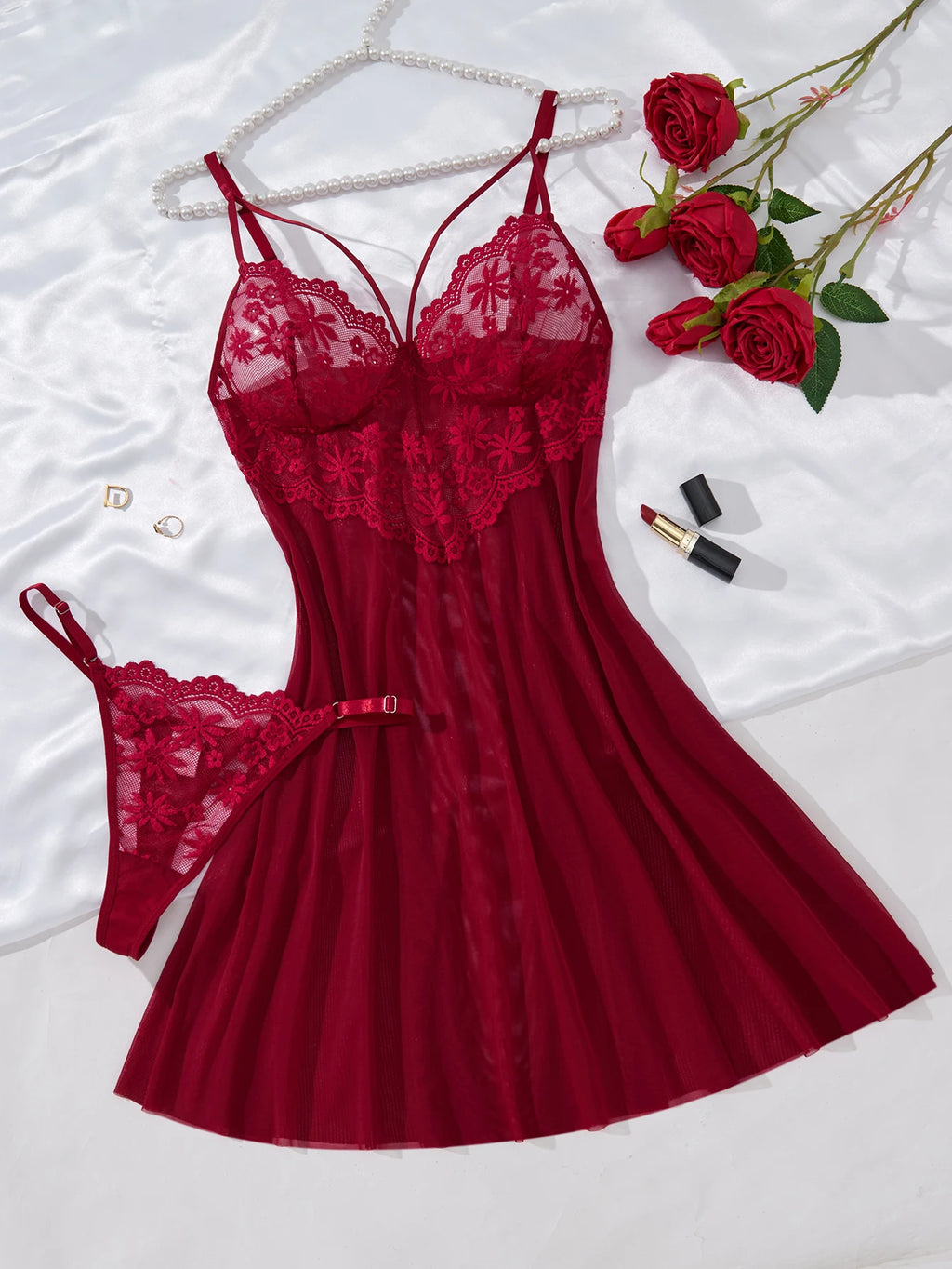 Wine Red Floral Lace Babydoll & Thong Set
