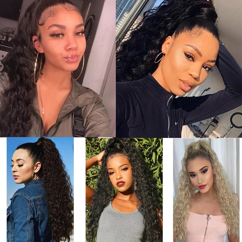 22Inch Synthetic Long Kinky Wave Curly Drawstring Clip in Ponytail Hair Extension High Temperature Fiber Hairpiece for Women