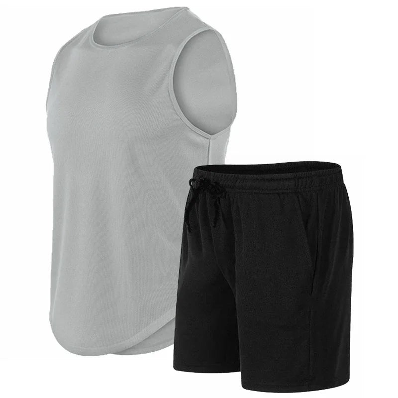 2026 Summer New Men's Fashionable Breathable Speed Drying Sleeveless Round Neck T-shirt Set Outdoor Running Sportswear